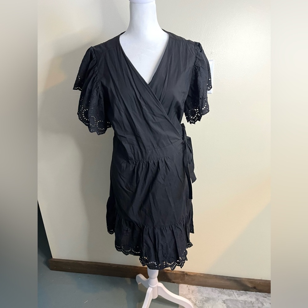 Maette Mallory Black Wrap Dress Flutter Sleeve Eyelet Detailing Knee Length